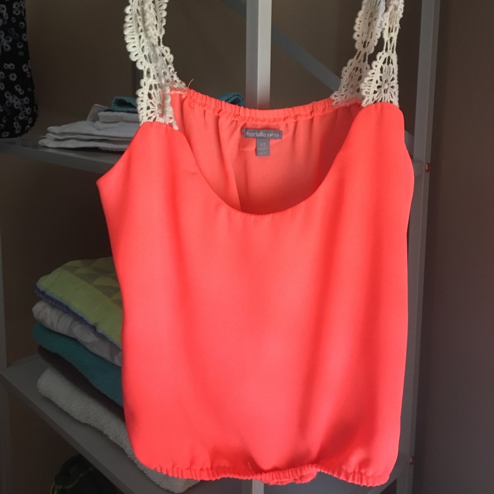 Bright orange tank top with lace straps